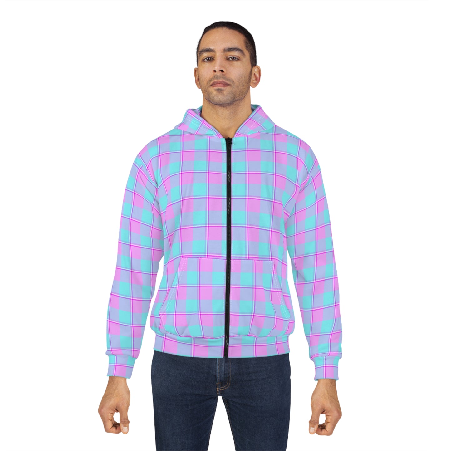 Pastel Plaid Unisex Zip Hoodie, Cozy Casual Spring Jacket, Perfect Gift for Birthdays, Festivals, Everyday Wear, Trendy Streetwear - Celtic Scents
