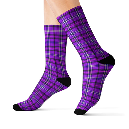 Purple Plaid Sublimation Socks, Cozy Gifts for Her, Fashionable Footwear - Celtic Scents