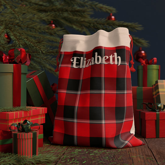 Personalized Plaid Gift Bag - Custom Holiday Packaging, Red and Black Checkered Drawstring Pouch, Unique Christmas or Birthday Gift