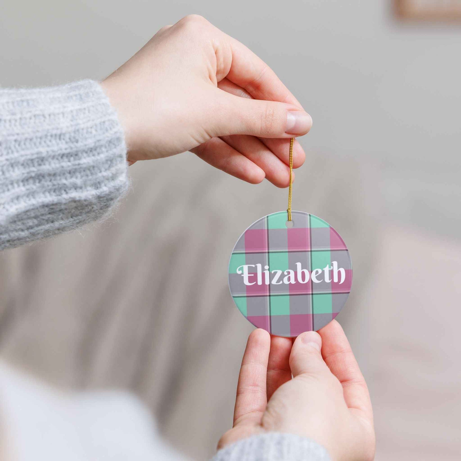 Personalized Ceramic Ornament, Custom Name Decoration, Holiday Gift, Home Decor, Plaid Design, Festive Keepsake