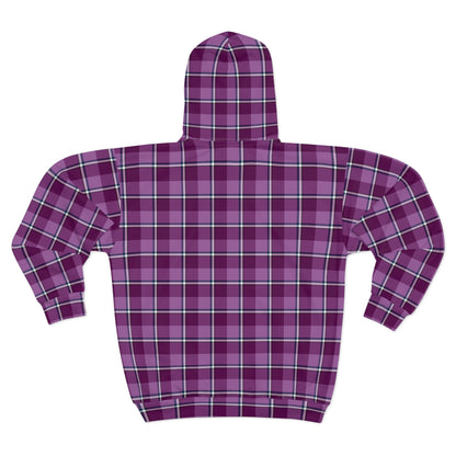 Stylish Purple Plaid Unisex Zip Hoodie, Comfortable Layering for All Seasons, Casual Wear, Gift for Her/Him, Cozy Lounge - Celtic Scents