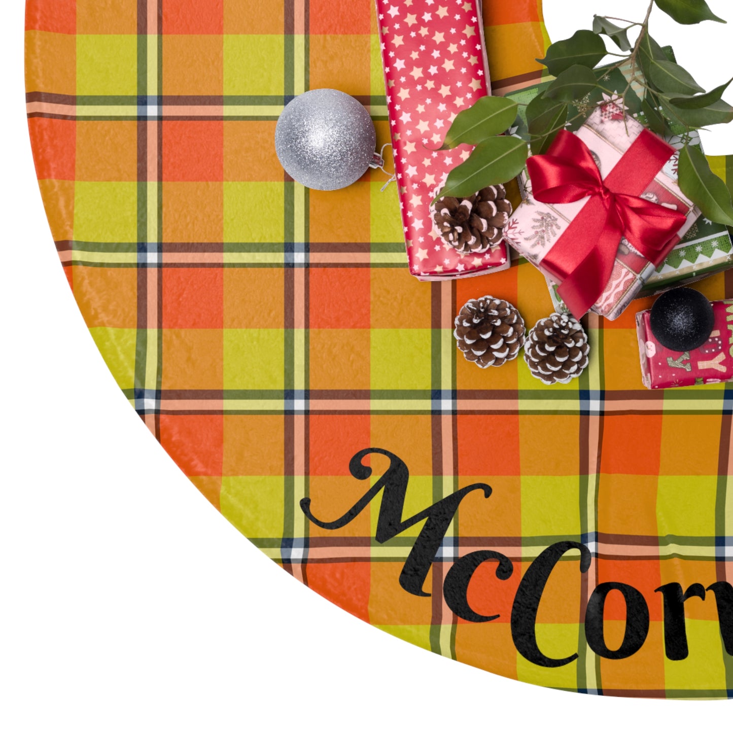 Plaid Christmas Tree Skirt, Festive Holiday Decor, Personalized Tree Skirts, Tartan Skirt for Xmas, Orange and Black Plaid - Celtic Scents