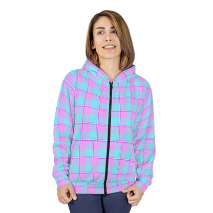 Pastel Plaid Unisex Zip Hoodie, Cozy Casual Spring Jacket, Perfect Gift for Birthdays, Festivals, Everyday Wear, Trendy Streetwear - Celtic Scents