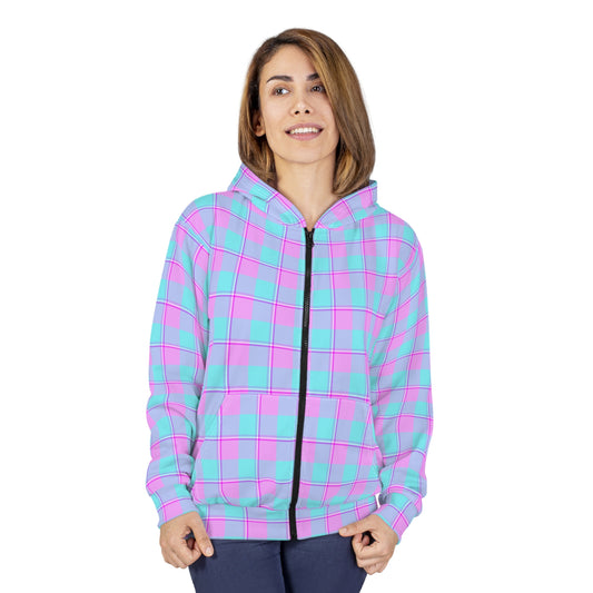 Pastel Plaid Unisex Zip Hoodie, Cozy Casual Spring Jacket, Perfect Gift for Birthdays, Festivals, Everyday Wear, Trendy Streetwear - Celtic Scents