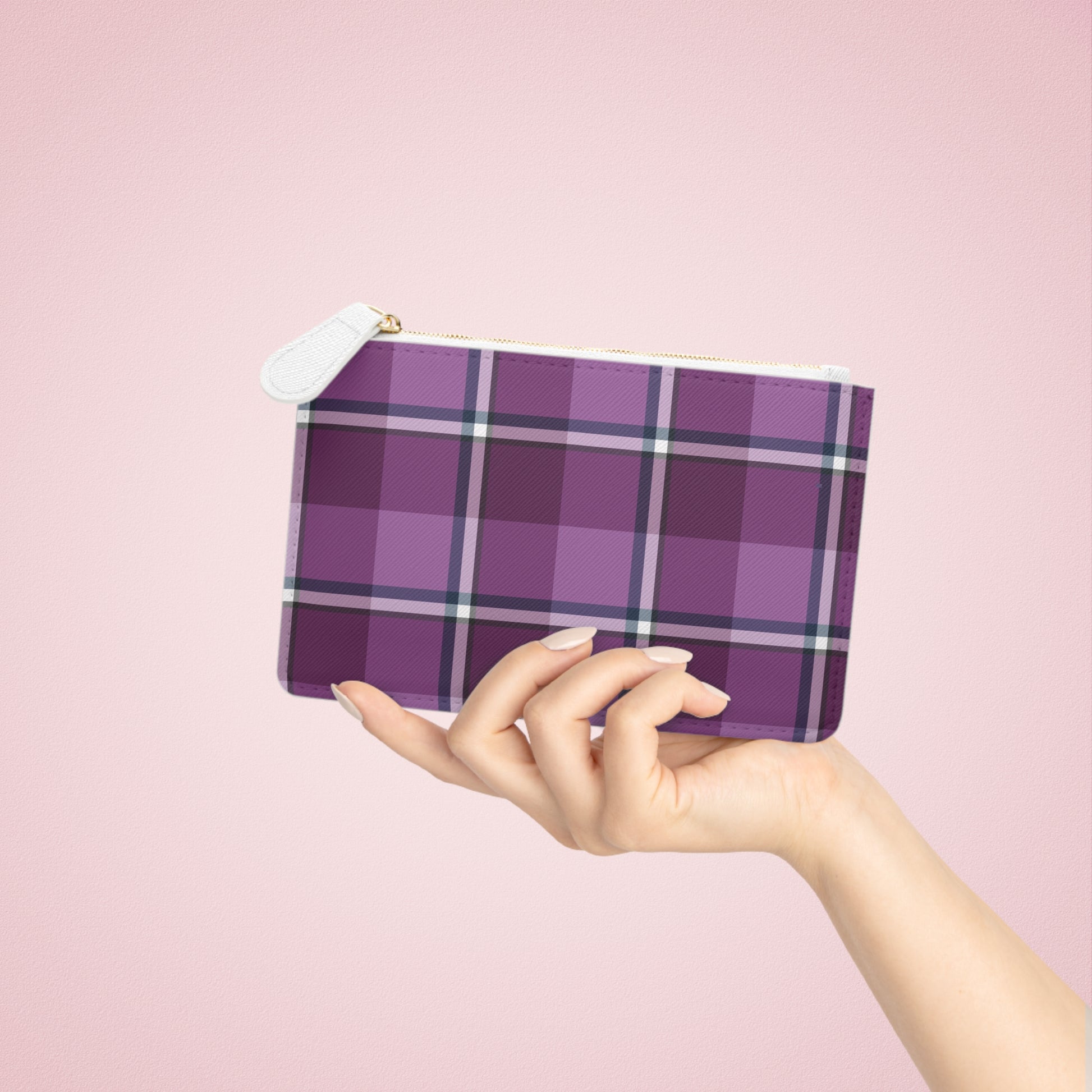 Personalized Mini Clutch Bag in Purple Plaid, Chic Makeup Pouch, Custom Name Wallet - Celtic Scents