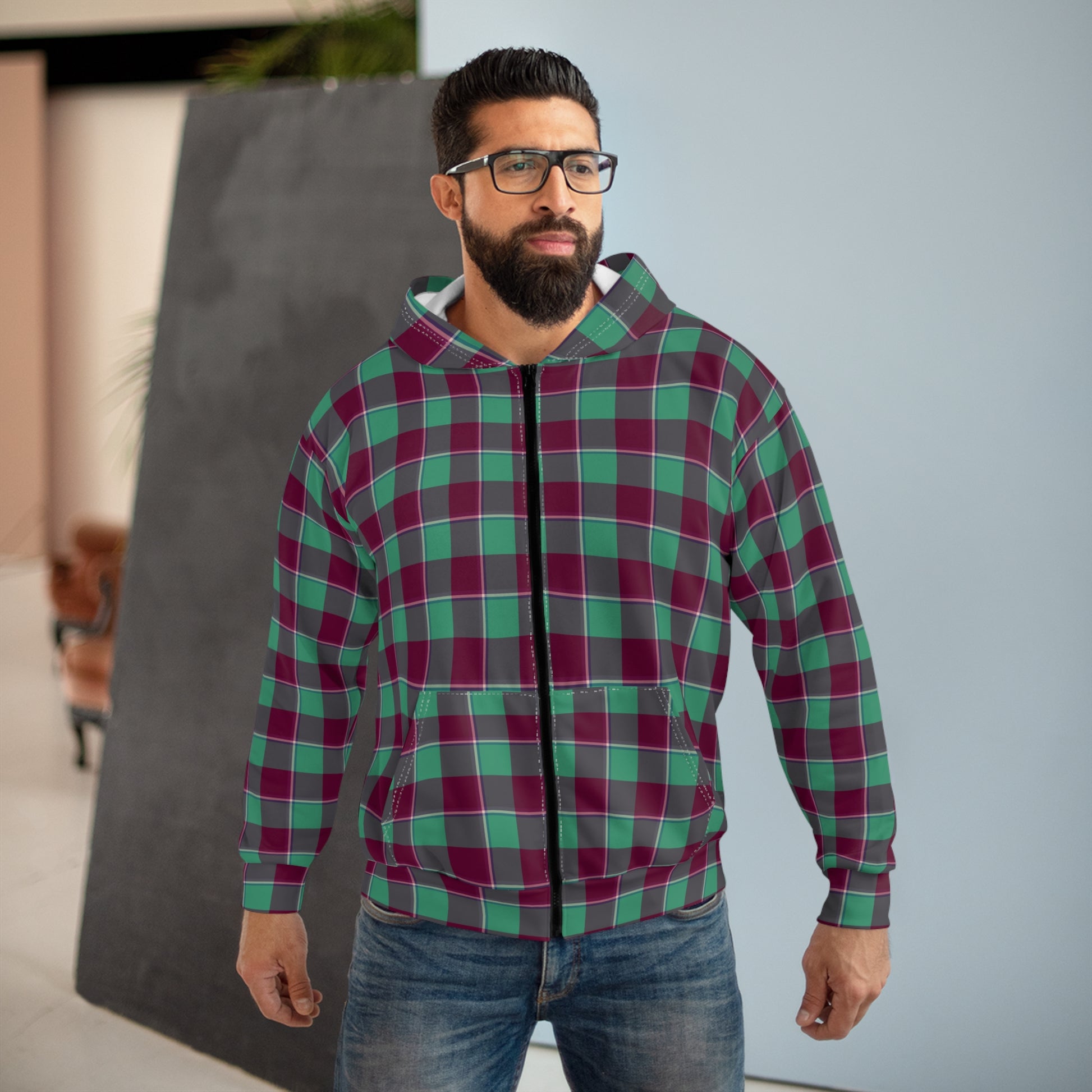 Plaid Unisex Zip Hoodie, Cozy Layering, Casual Wear, Gift for Him/Her, Fall/Winter Fashion, Outdoor Activities, Everyday Comfort - Celtic Scents