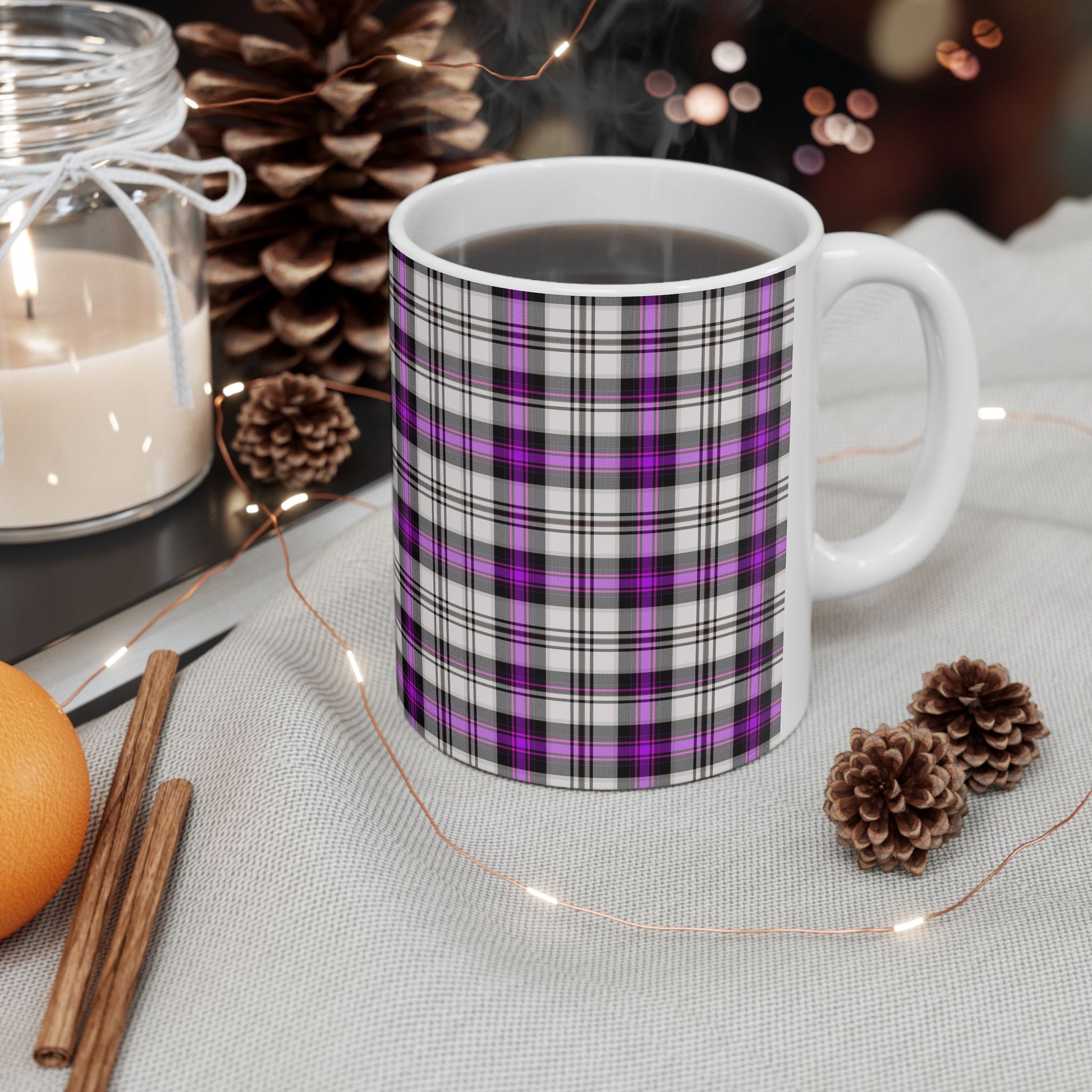 Purple Plaid Ceramic Mug, Cozy Drinkware, Gift for Her, Kitchen Decor, Fall Vibes, 11oz/15oz Options - Celtic Scents