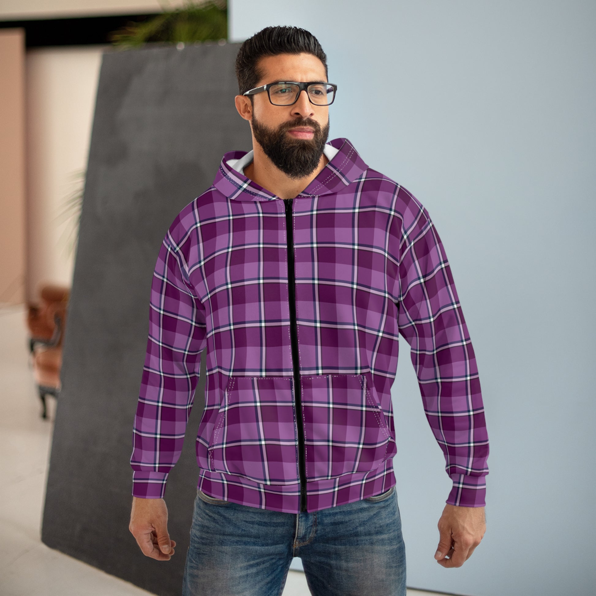 Stylish Purple Plaid Unisex Zip Hoodie, Comfortable Layering for All Seasons, Casual Wear, Gift for Her/Him, Cozy Lounge - Celtic Scents