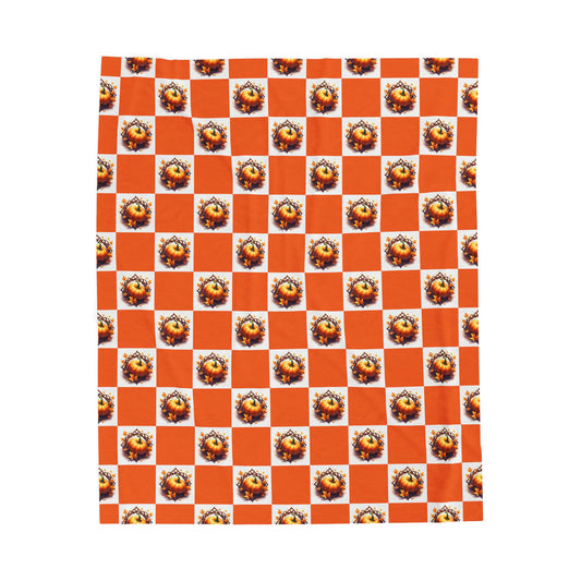 Vibrant Pumpkin Checkered Pattern Velveteen Plush Blanket, Cozy Home Decor, Gift for Her, Nursery Throw, Autumn Style