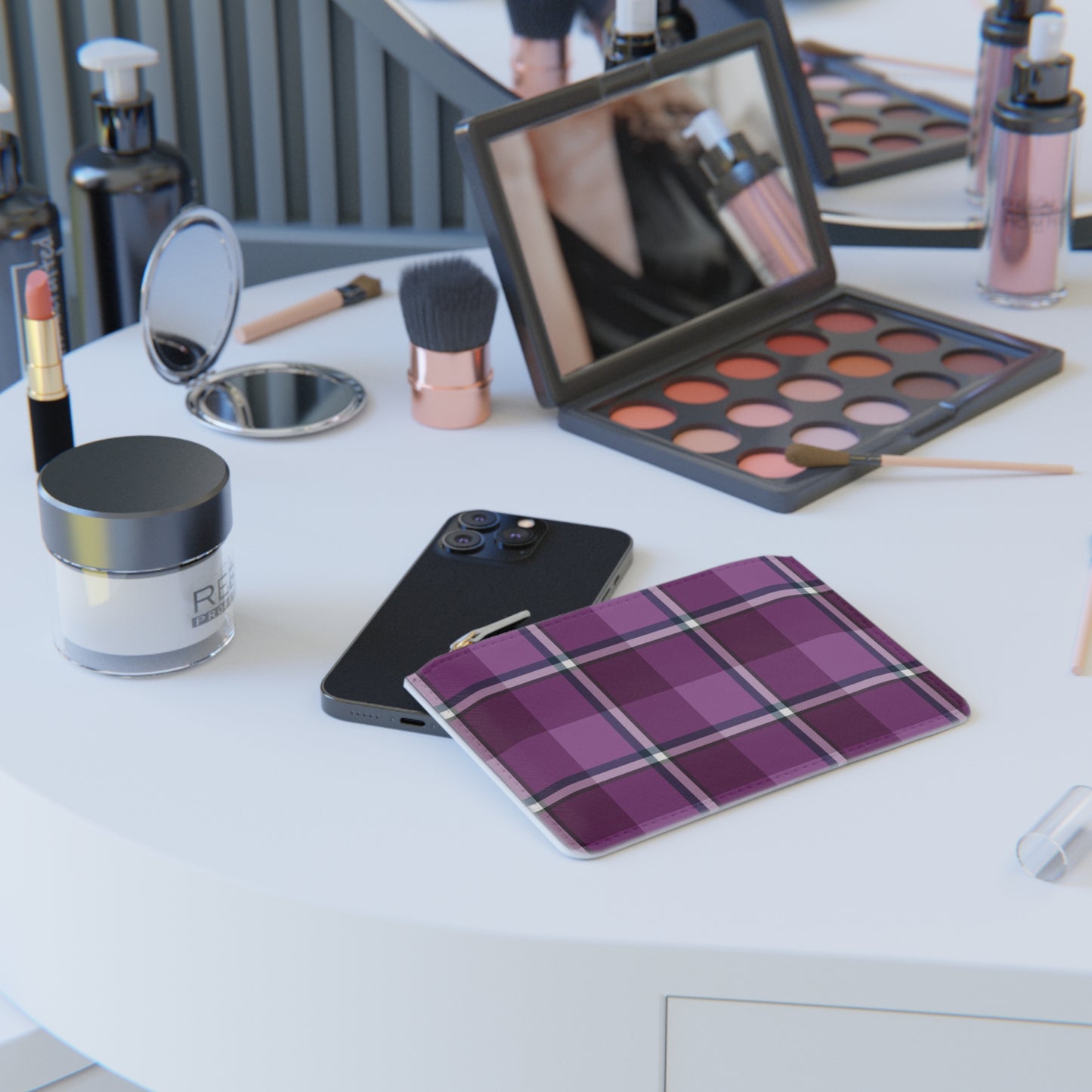Personalized Mini Clutch Bag in Purple Plaid, Chic Makeup Pouch, Custom Name Wallet - Celtic Scents