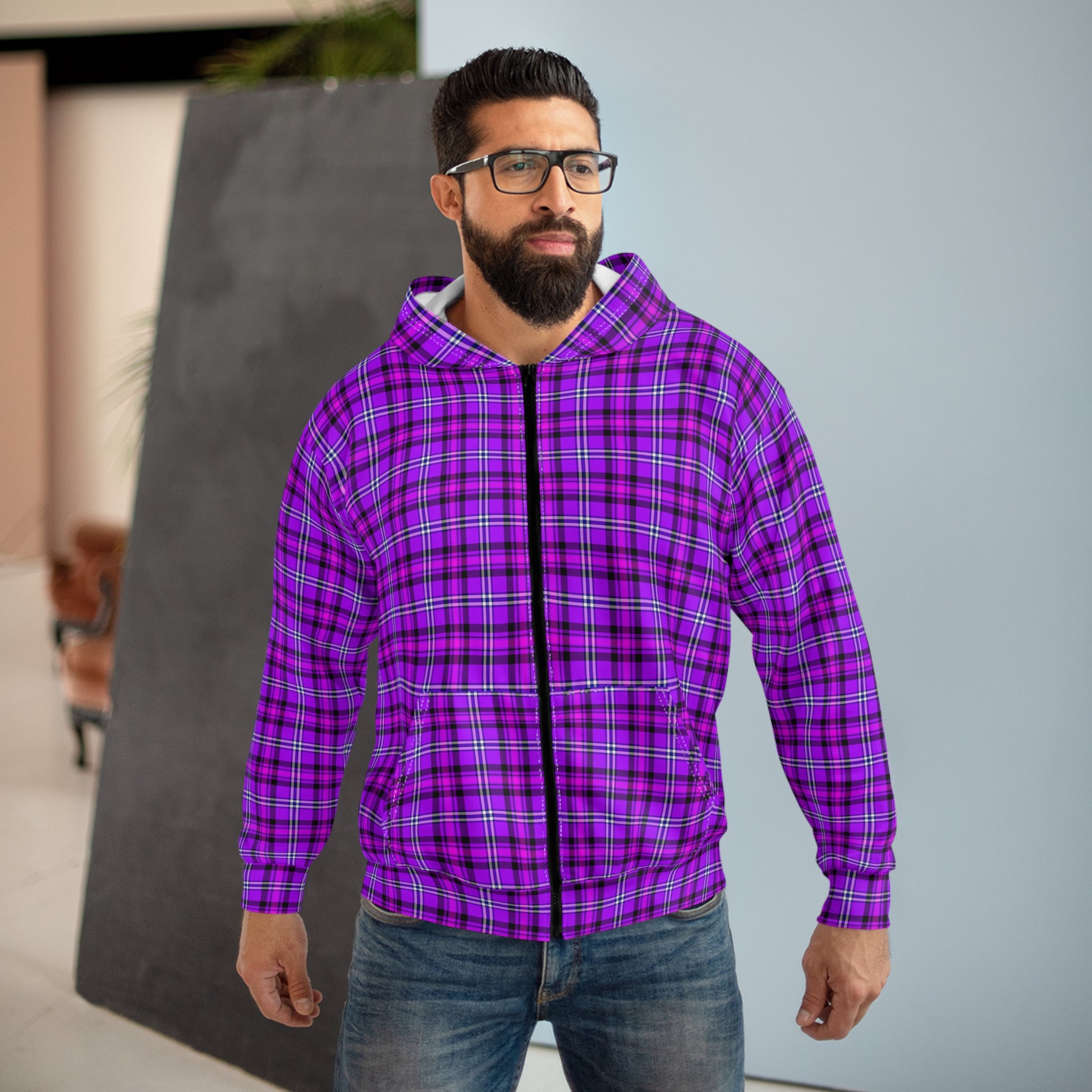 Stylish Plaid Unisex Zip Hoodie, Cozy Oversized Jacket, Casual Wear, Perfect for Fall, Great Gift for All Occasions - Celtic Scents