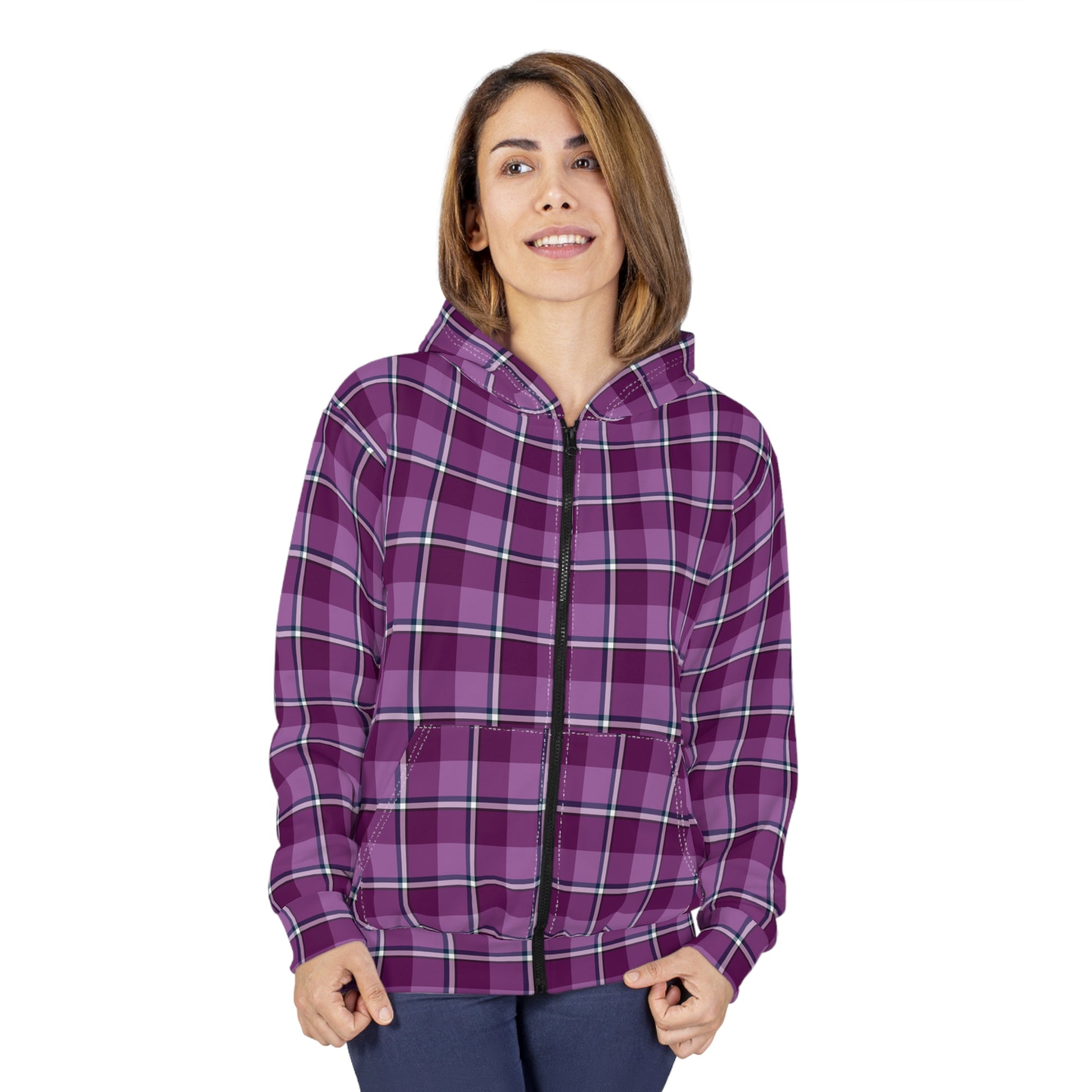 Stylish Purple Plaid Unisex Zip Hoodie, Comfortable Layering for All Seasons, Casual Wear, Gift for Her/Him, Cozy Lounge - Celtic Scents