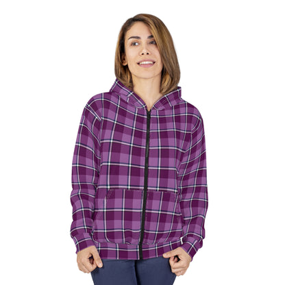 Stylish Purple Plaid Unisex Zip Hoodie, Comfortable Layering for All Seasons, Casual Wear, Gift for Her/Him, Cozy Lounge - Celtic Scents