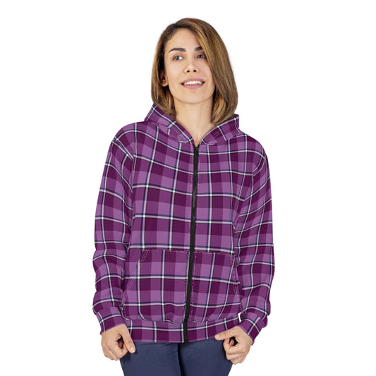 Stylish Purple Plaid Unisex Zip Hoodie, Comfortable Layering for All Seasons, Casual Wear, Gift for Her/Him, Cozy Lounge - Celtic Scents