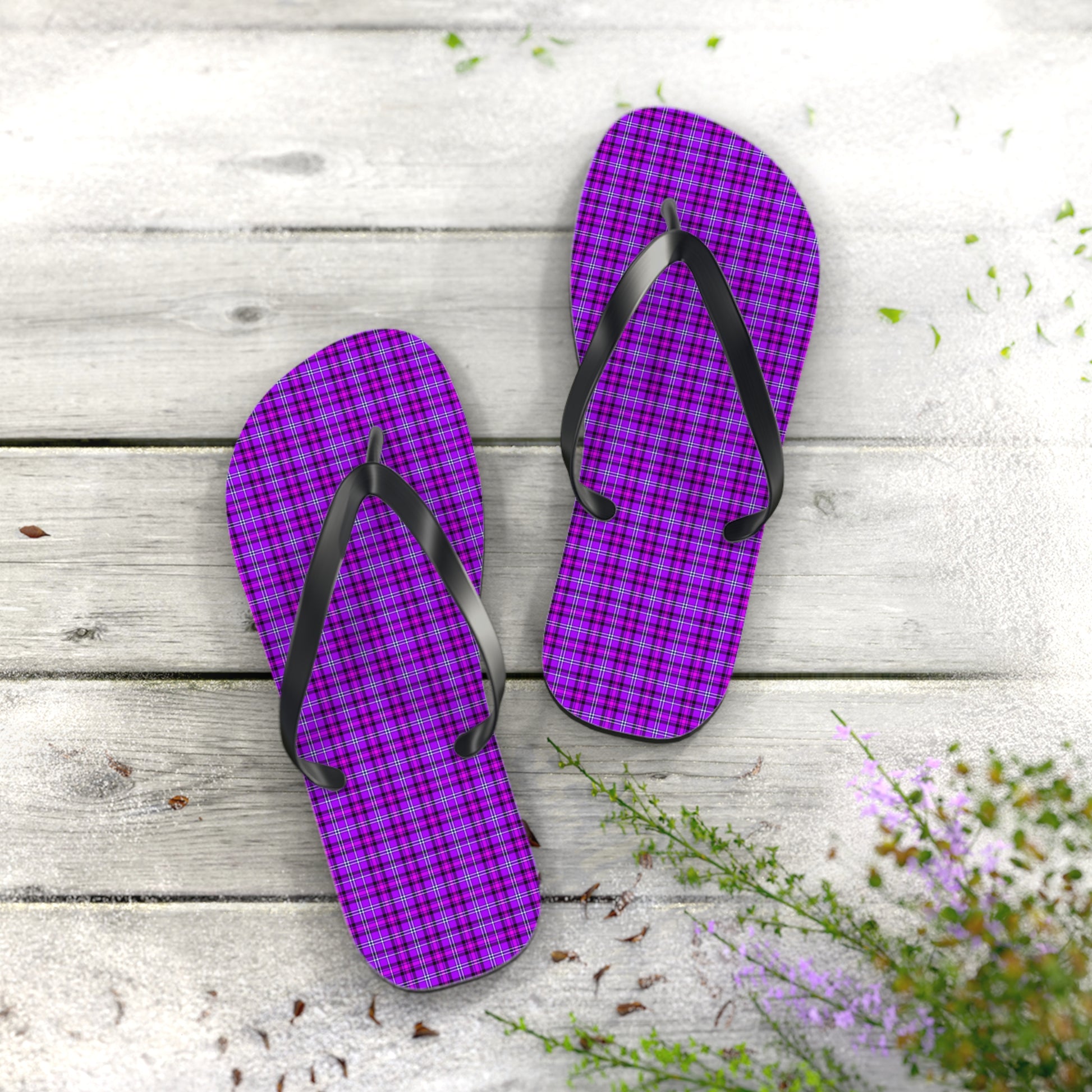 Stylish Purple Plaid Flip Flops | Summer Footwear for Beach, Pool Parties, Vacation, Travel, Casual Wear - Celtic Scents