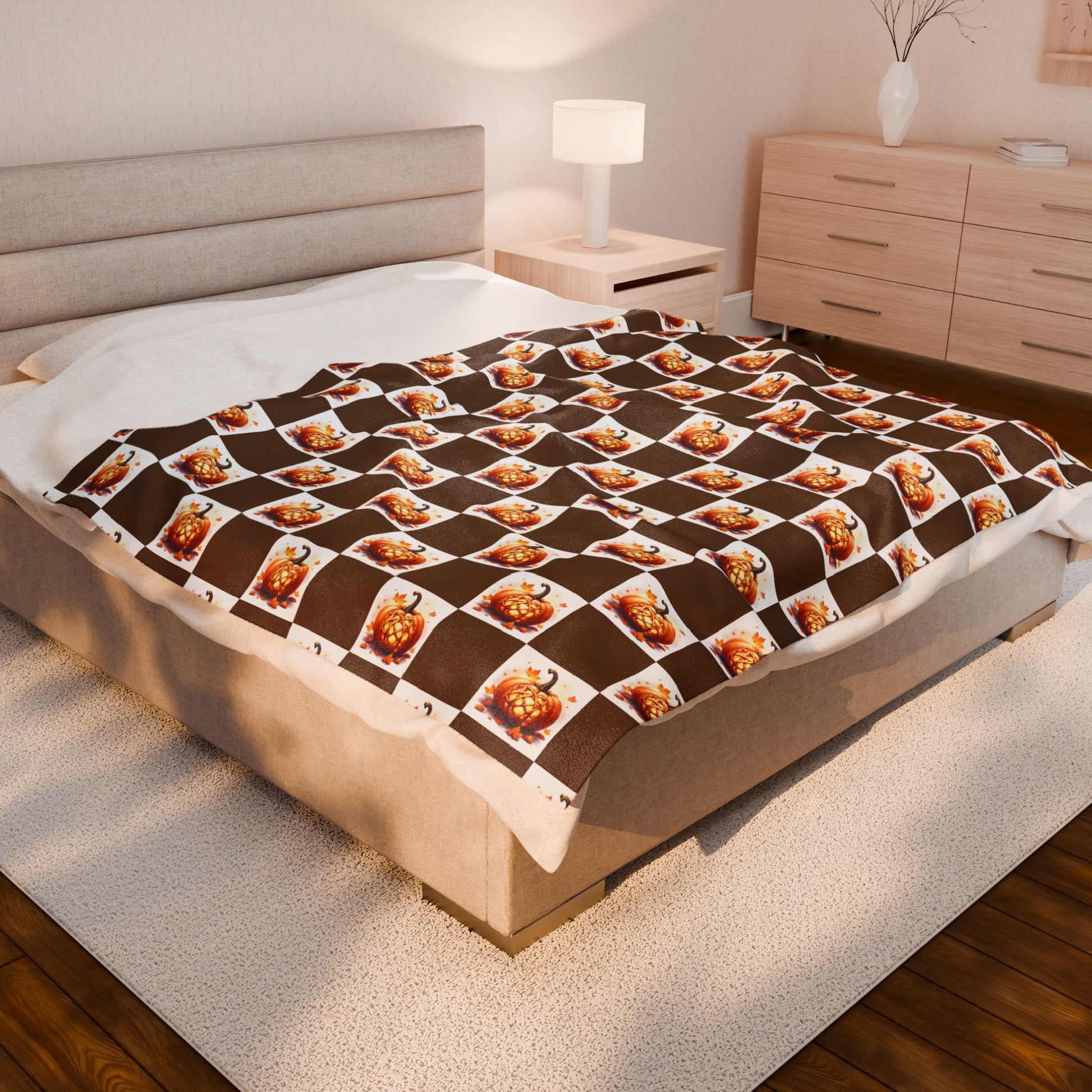 Cozy Pumpkin Check Velveteen Blanket | Fall Decor, Autumn Gift, Halloween Throw, Snuggle Blanket, Home Comfort - Celtic Scents