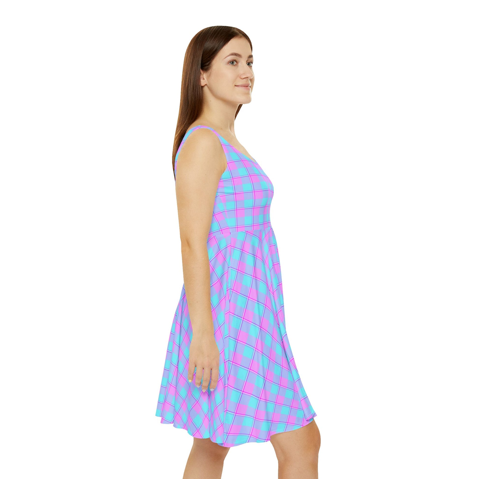 Vibrant Women's Skater Dress - Retro Pink and Blue Plaid, Cute Outfit for Parties, Summer Events, Date Nights, and Festivals - Celtic Scents