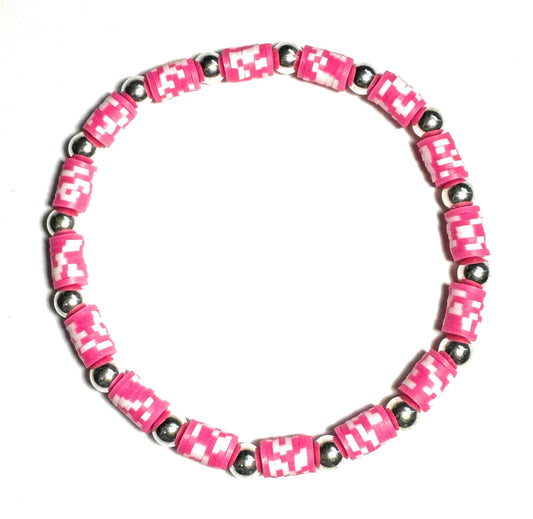 Heishi Anklet Pink and Silver Metallic Pattern, Stretch Bracelet