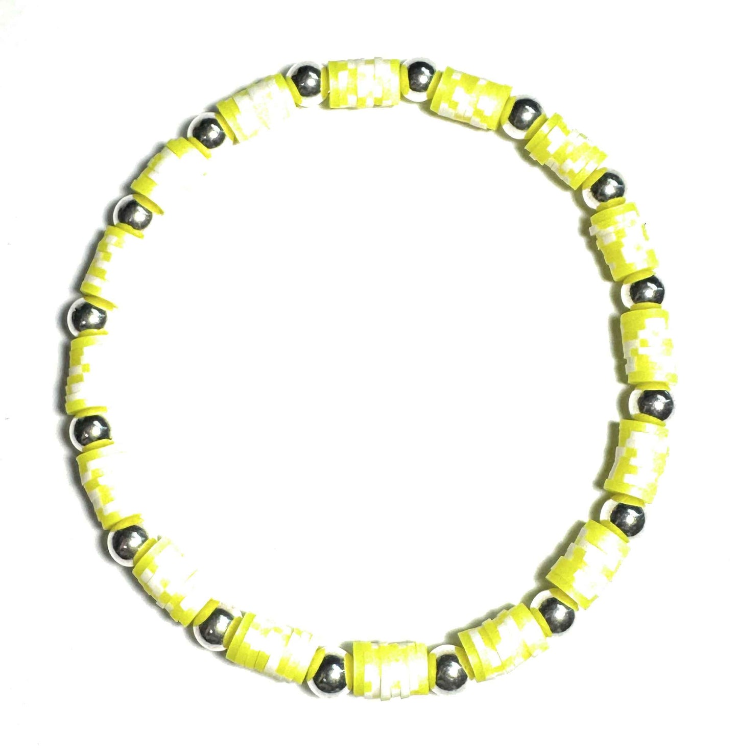 Heishi Fashion Anklet, Yellow and Silver Metallic Beads, Stretch