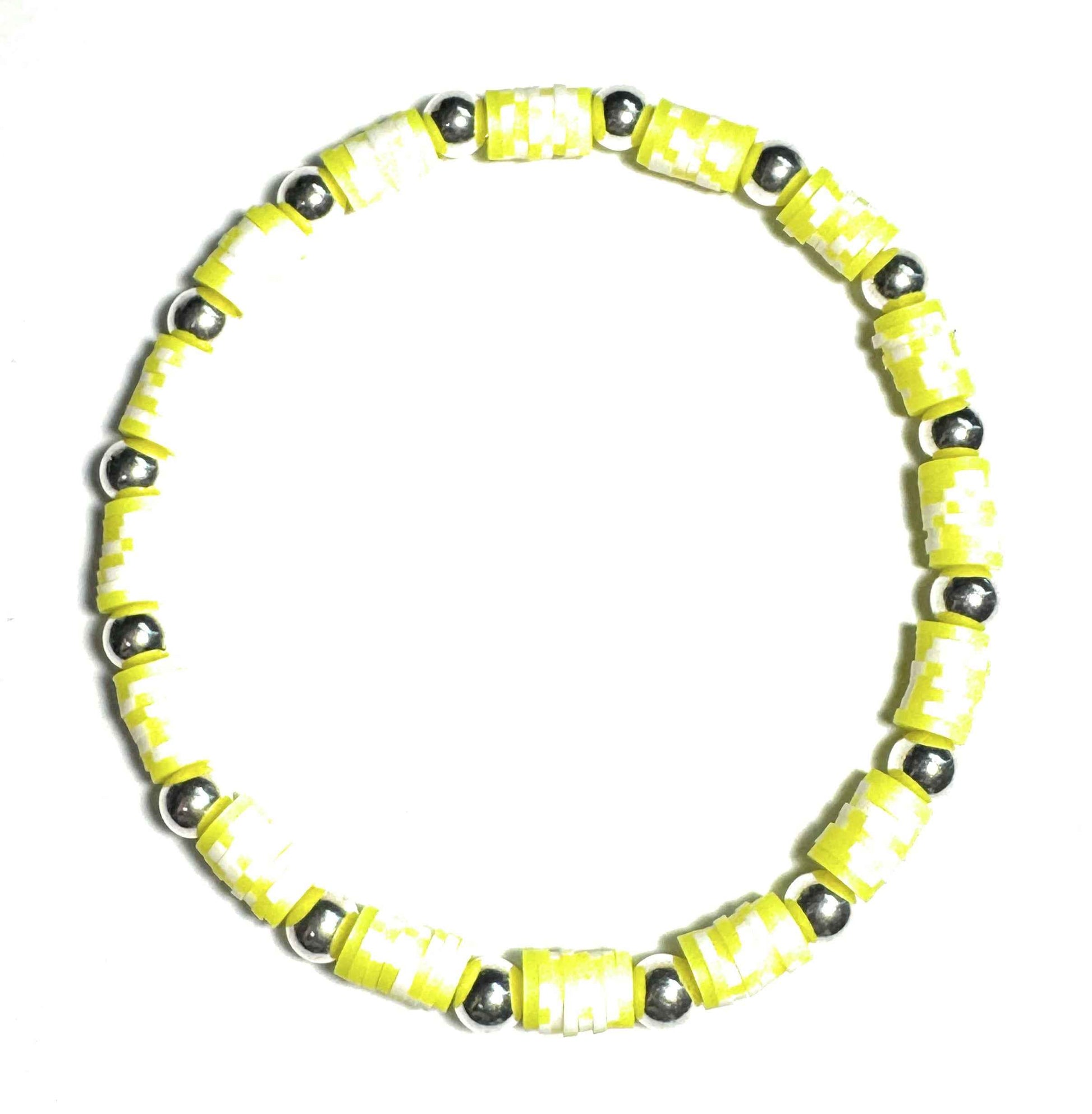 Heishi Fashion Anklet, Yellow and Silver Metallic Beads, Stretch