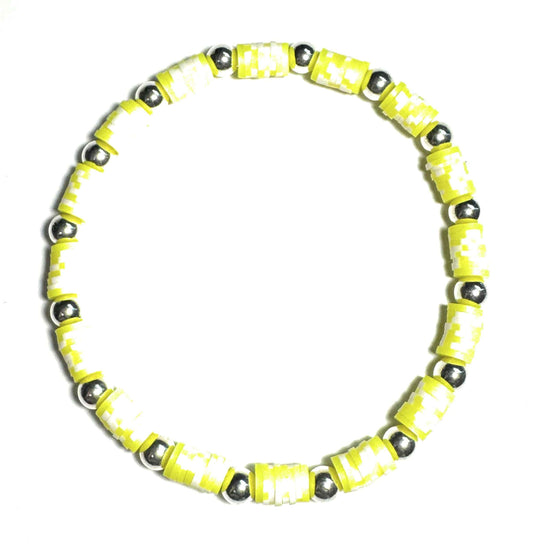 Heishi Fashion Anklet, Yellow and Silver Metallic Beads, Stretch
