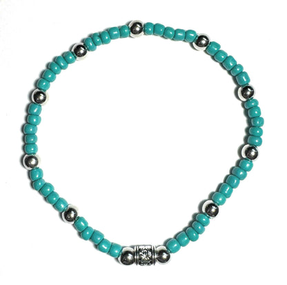 Turquoise Colored Beaded Stretch Anklet, Silver Metallic Accent Beads, Bohemian Style