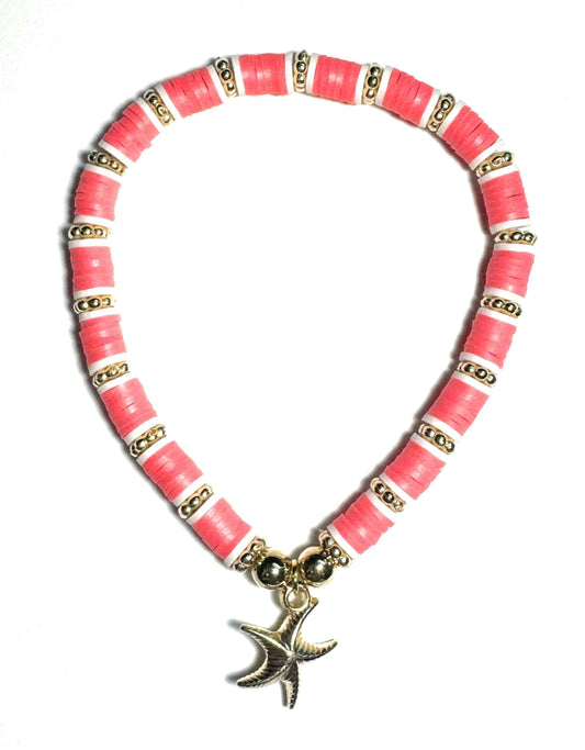 Heishi Beaded Stretch Anklet with Starfish Charm, Fluorescent Pink and Gold Metallic