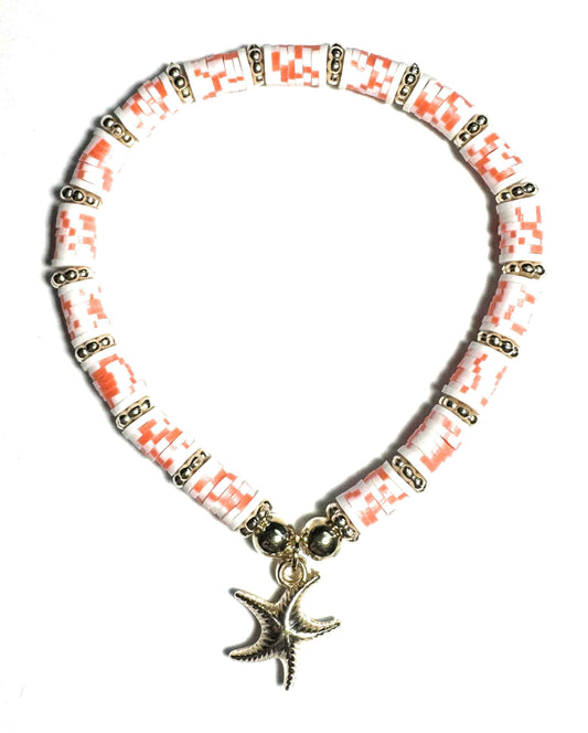 Heishi Beaded Stretch Anklet with Starfish Charm, Orange and Gold, Beach Style Jewelry
