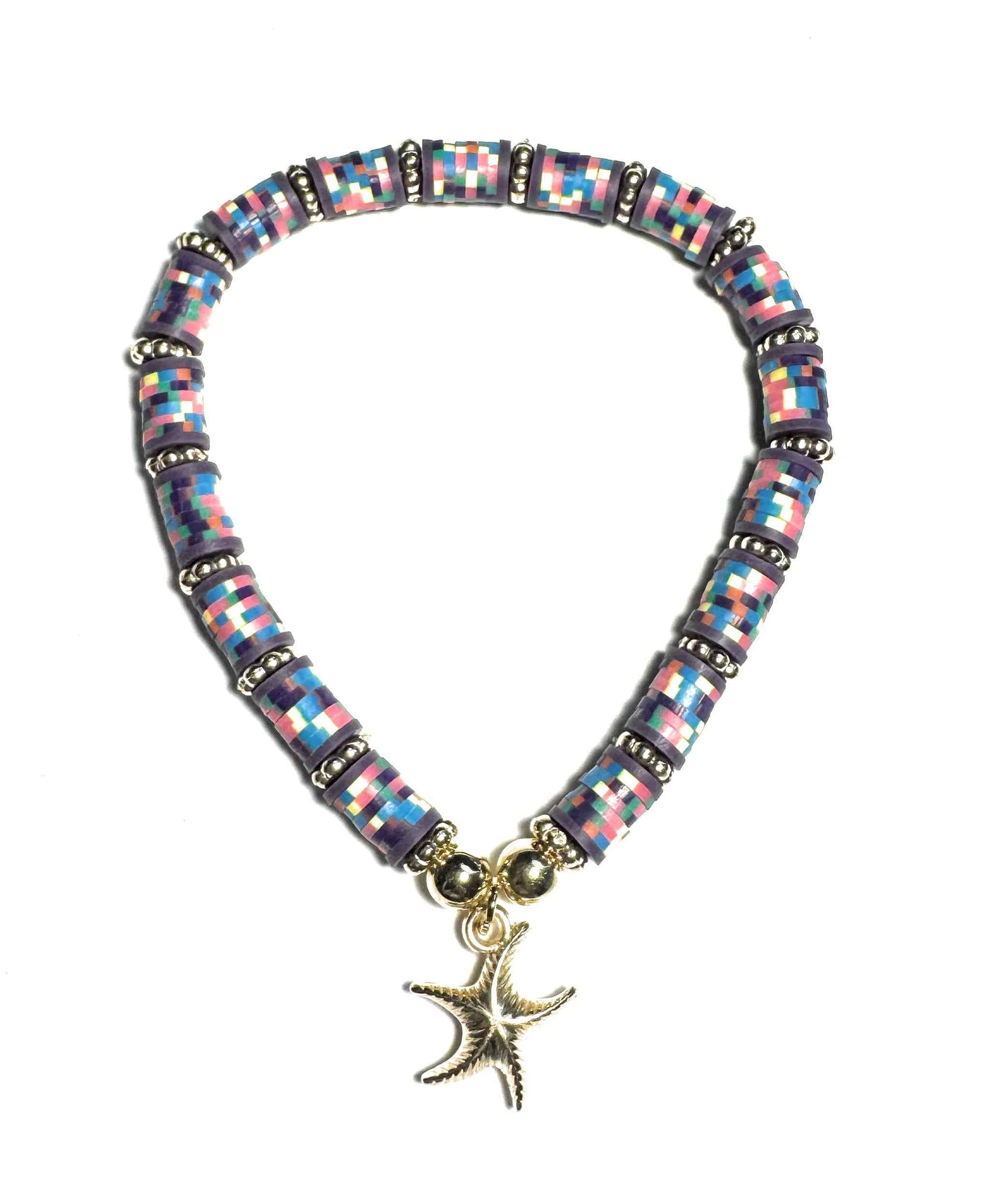 Heishi Beaded Stretch Anklet with Multicolored Pattern and Gold Starfish Charm, Purple