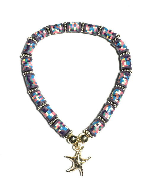 Heishi Beaded Stretch Anklet with Multicolored Pattern and Gold Starfish Charm, Purple