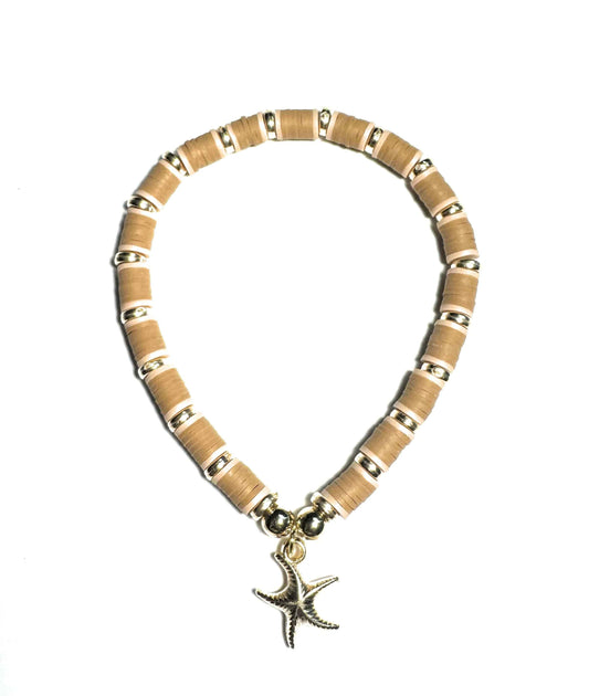 Heishi Beaded Stretch Anklet with Starfish Charm, Tan and Gold, Beach Style