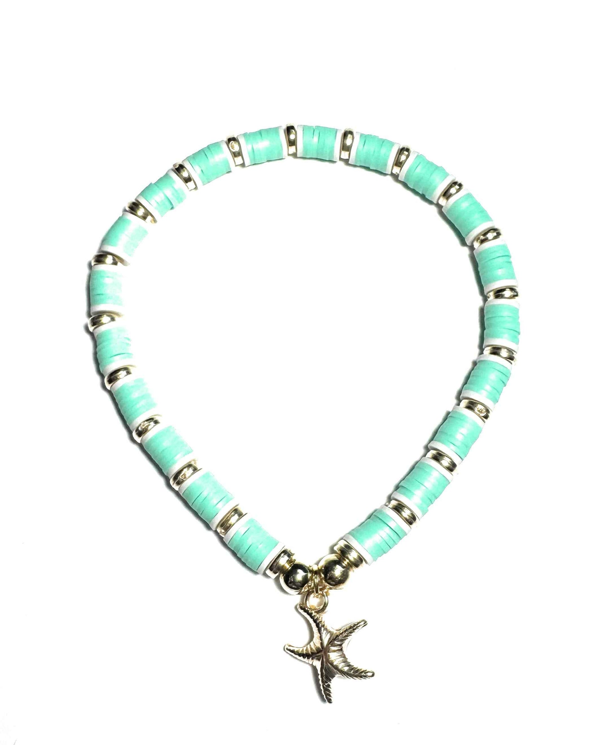 Heishi Beaded Stretchy Anklet, Mint Green with Gold Metallic Starfish Charm, Beach Style