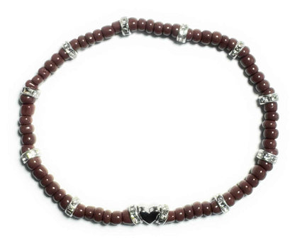 Brown Glass Seed Bead Stretchy Anklet with Silver Alloy Gem and Heart Spacer