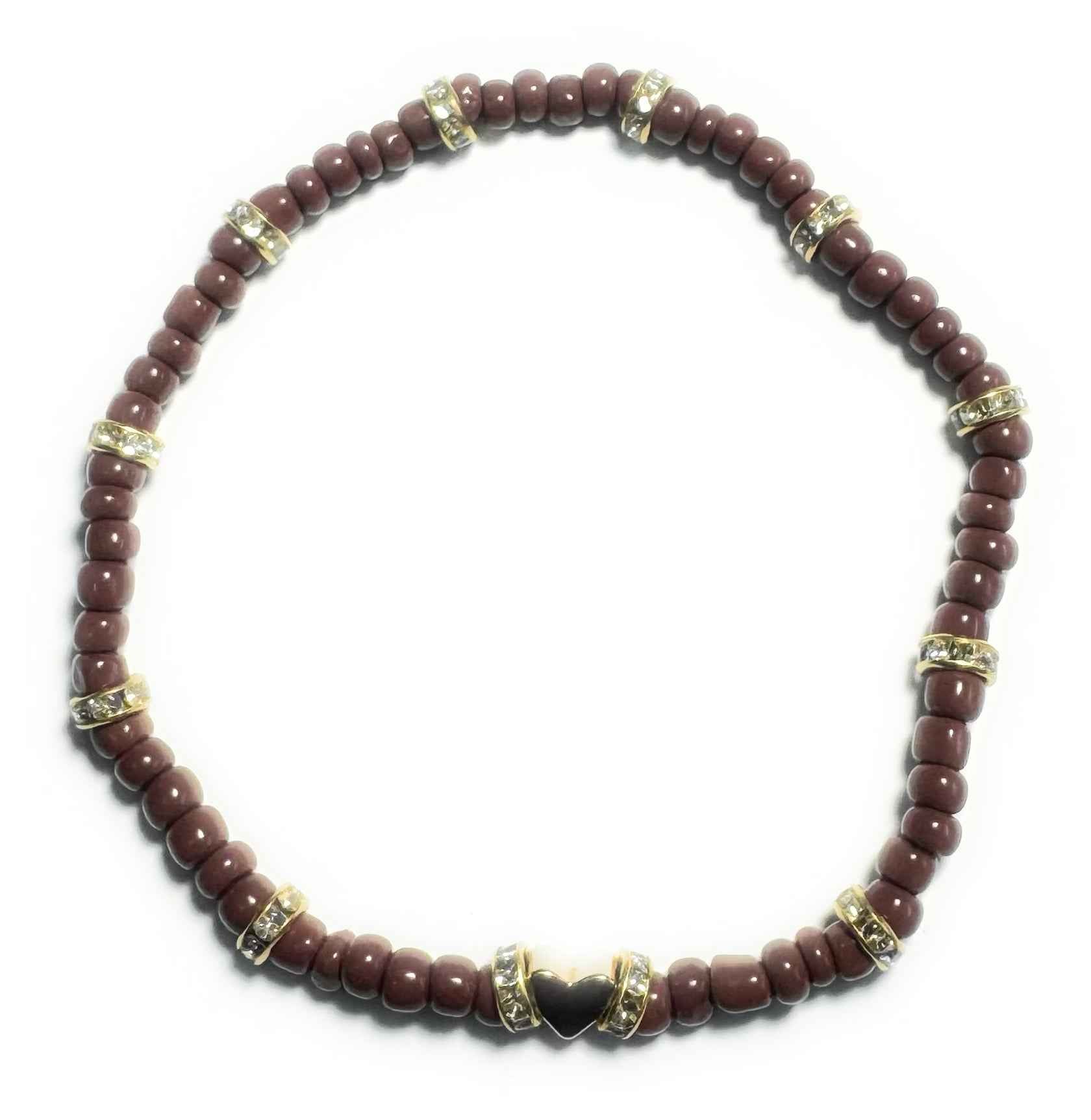 Brown Beaded Stretchy Anklet with Gold Plated Spacers and Heart