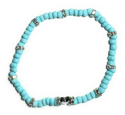 Blue Glass Seed Bead Stretchy Anklet with Silver Alloy Gem Spacers
