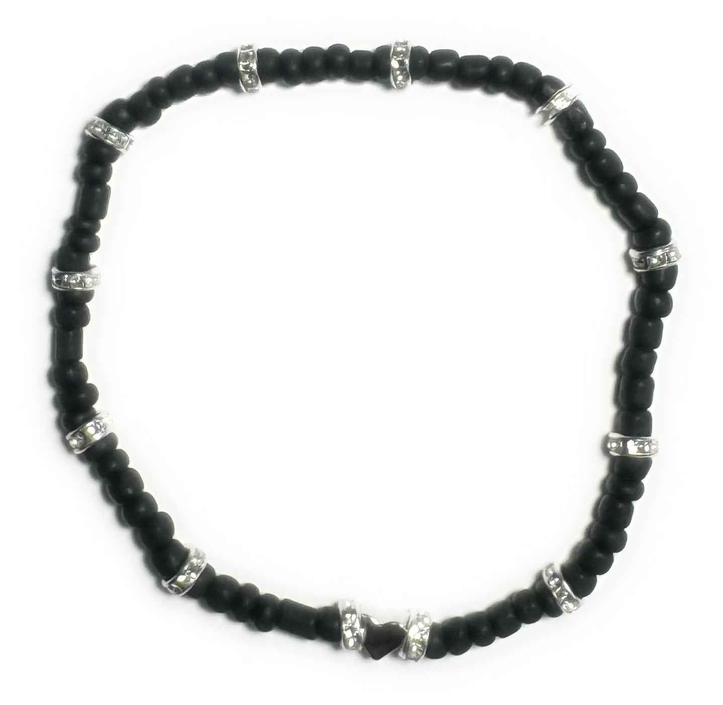 Black Glass Bead Stretchy Anklet with Silver Alloy Spacers and Heart