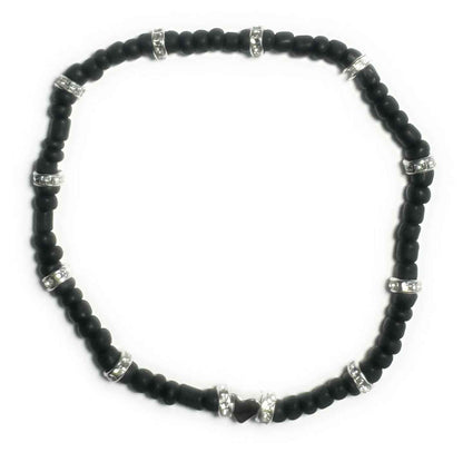 Black Glass Bead Stretchy Anklet with Silver Alloy Spacers and Heart