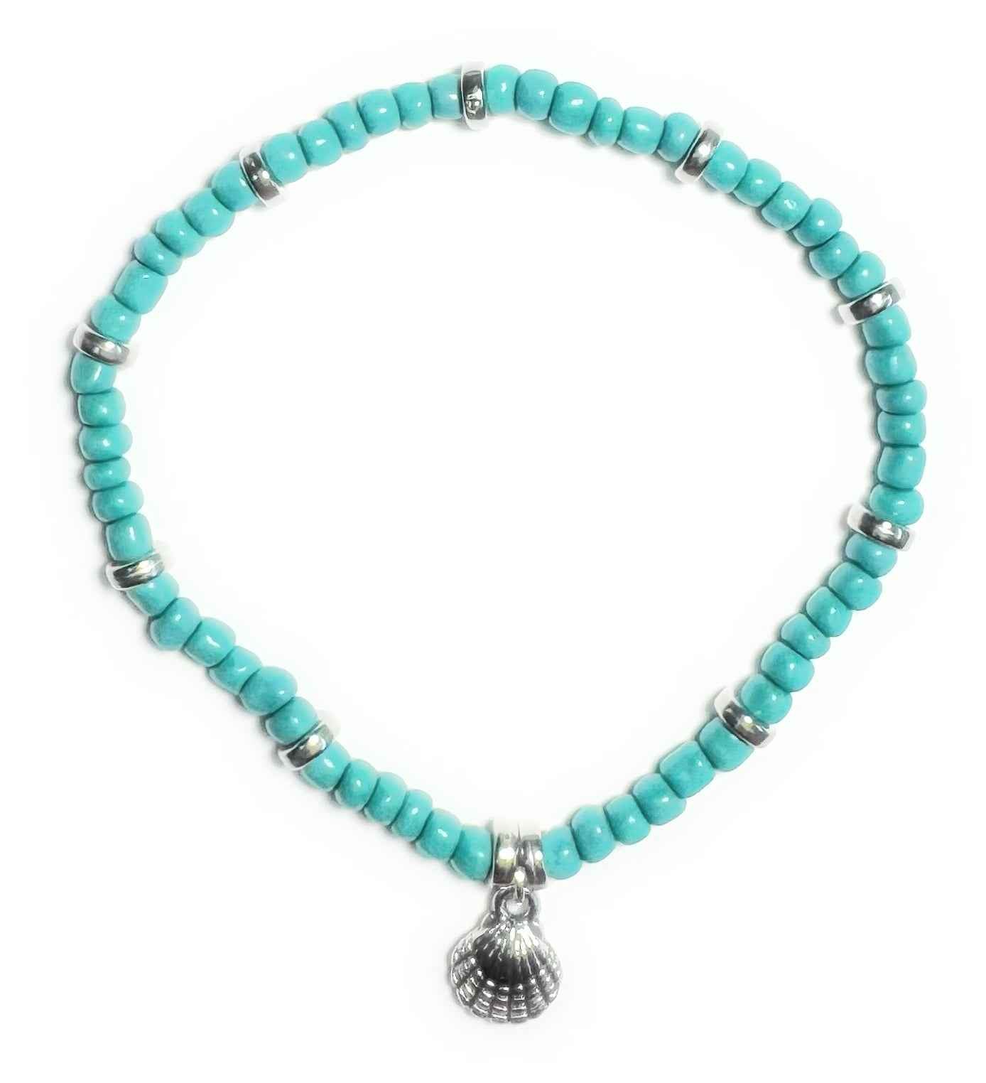Teal Bead Stretchy Anklet with Silver Alloy Seashell Charm