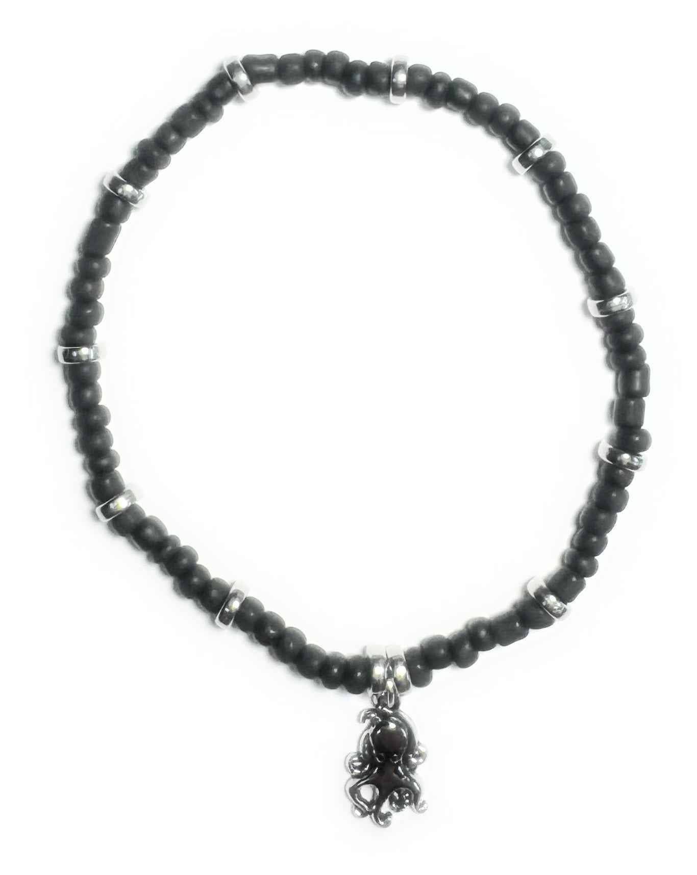 Black Glass Beaded Stretchy Anklet with Silver Alloy Spacers and Octopus Charm