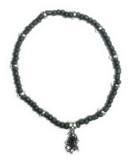 Black Glass Beaded Stretchy Anklet with Silver Alloy Spacers and Octopus Charm