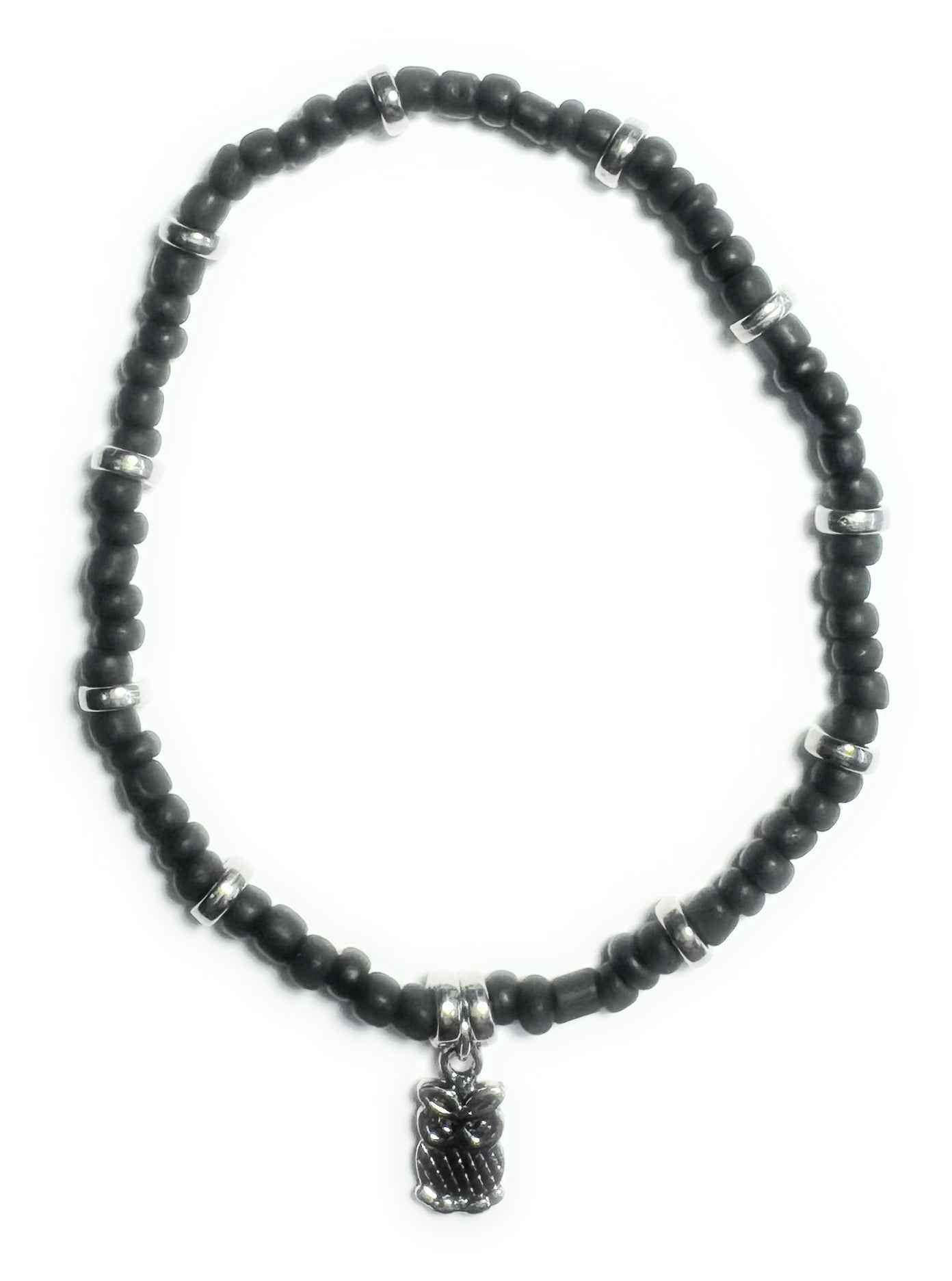 Black Glass Beaded Stretchy Anklet with Silver Alloy Spacers and Owl Charm