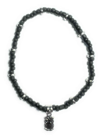 Black Glass Beaded Stretchy Anklet with Silver Alloy Spacers and Owl Charm