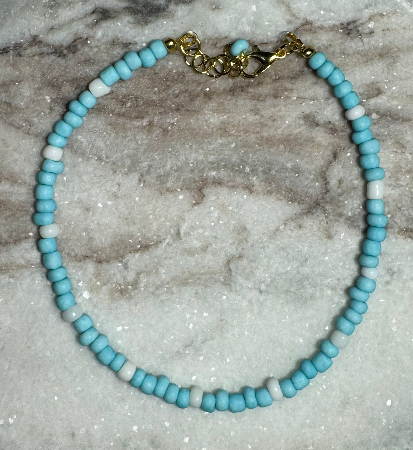 Light Blue and White Beaded Anklet with Lobster Clasp - Celtic Scents