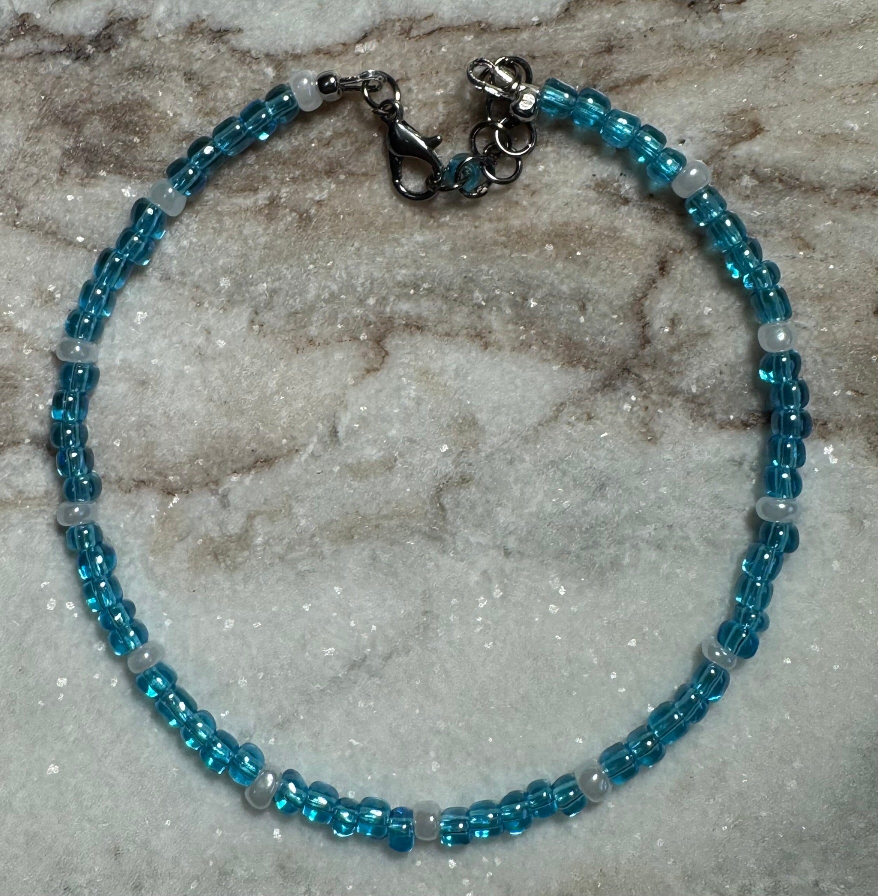 Blue and White Seed Bead Anklet with Lobster Clasp - Celtic Scents