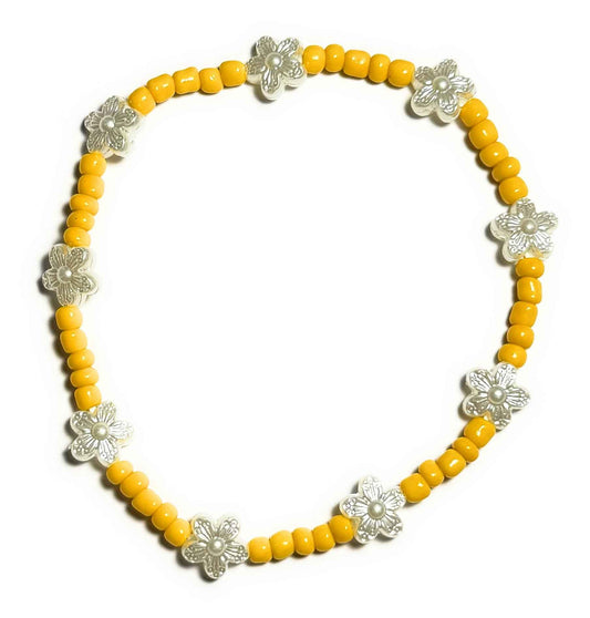 Yellow Beaded Anklet with Pearl Flower Accents, Stretchy Elastic Band