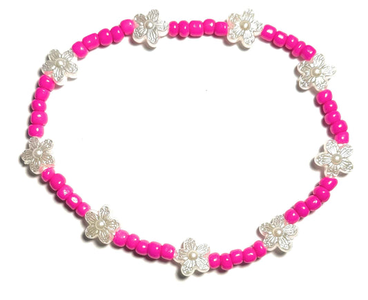 Neon Pink Beaded Anklet with Silver Pearl Flower Accents, Stretchy Elastic Design, Beach Boho Style