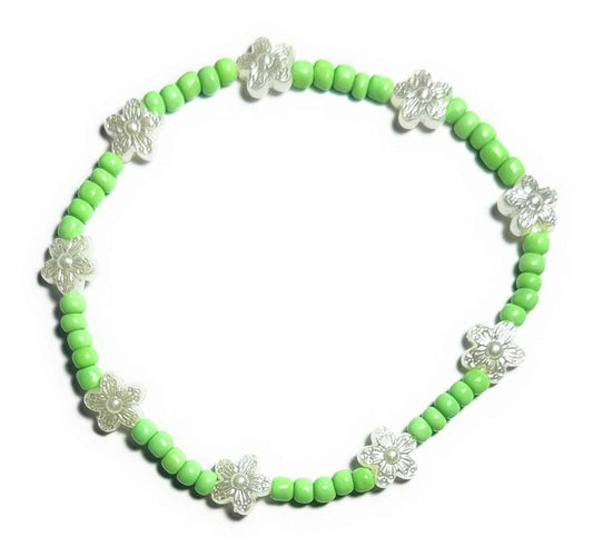 Beaded Flower Anklet, Neon Bright Green with Pearl Accents, Stretchy Boho Beach Style, Minimalist Design