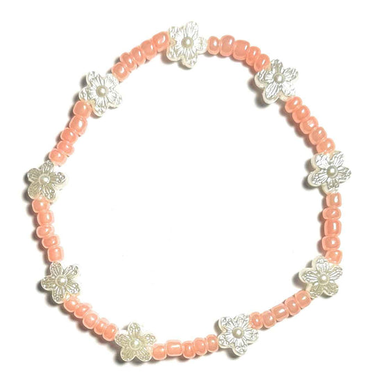 Pearl Flower Beaded Anklet, Coral Pink and White, Stretchy Minimalist Boho Beach Style, Stretchy