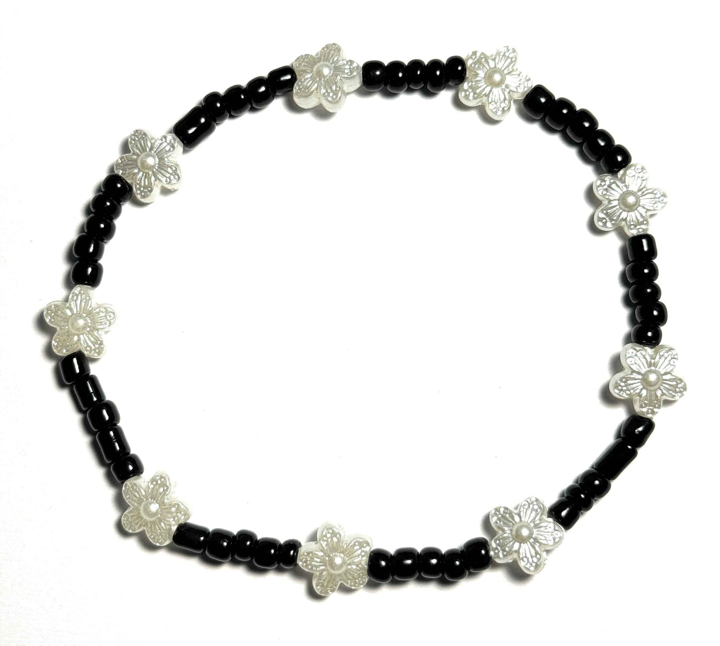 Black Beaded Anklet with Pearl White Flower Accents, Stretchy Design, Boho Beach Style