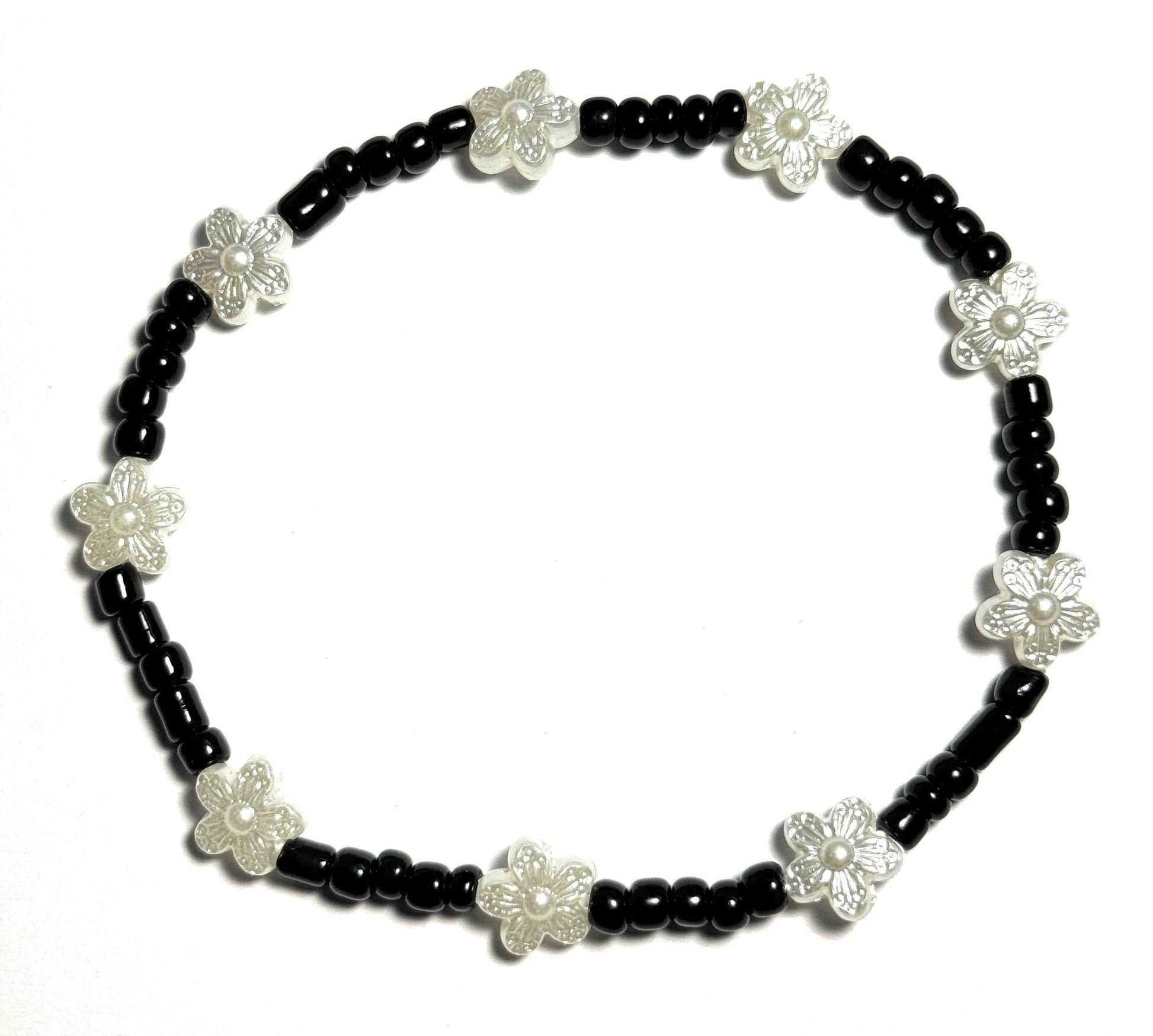 Black Beaded Anklet with Pearl White Flower Accents, Stretchy Design, Boho Beach Style